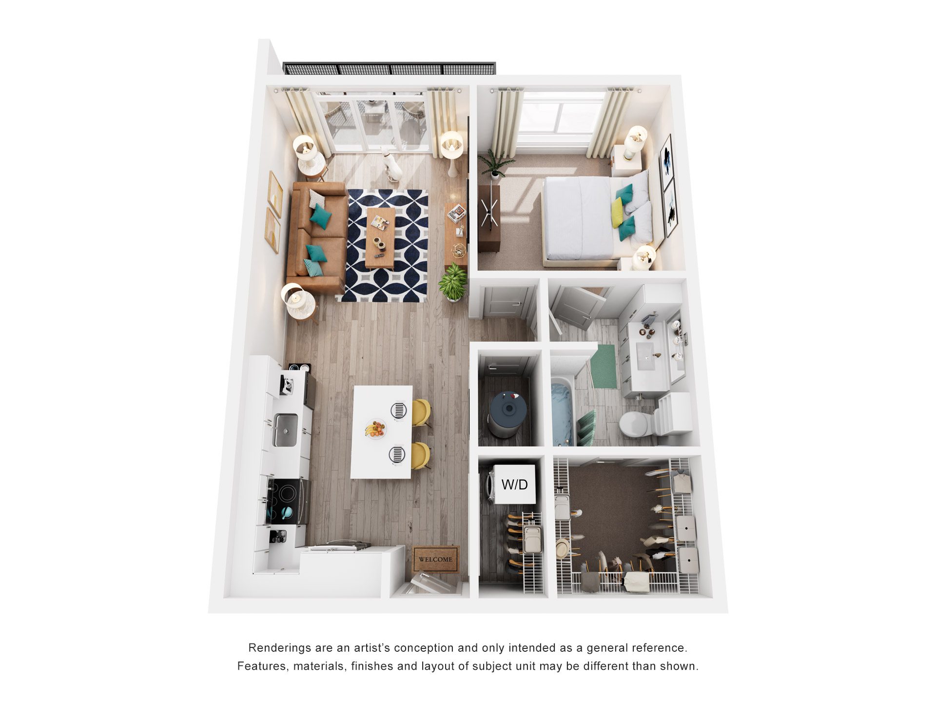 Floor plan for 1 bed, 1 bath, 802 sqft